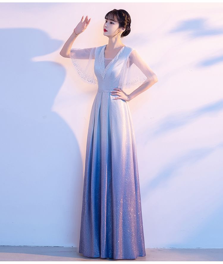 Elbow-Sleeve V-Neck Gradient Rhinestone Accent Fringed Pleated A-Line Evening Gown