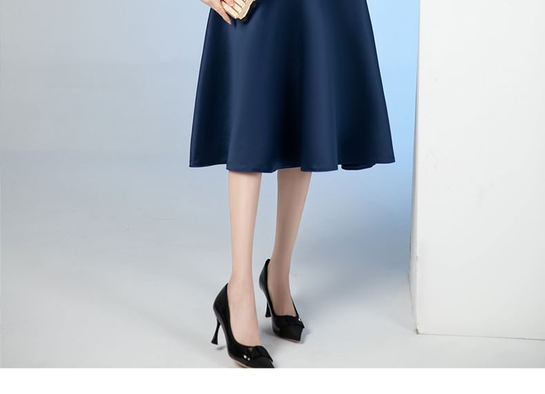 Short-Sleeve Stand Collar Sequin Embroidered Midi A-Line Cocktail Dress