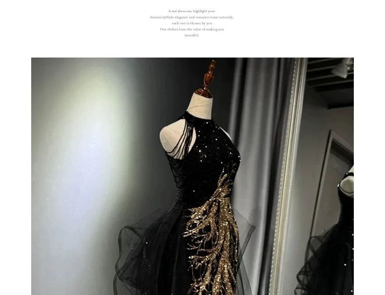 Halter Neck Sleeveless Sequined Embroidered Maxi Evening Gown