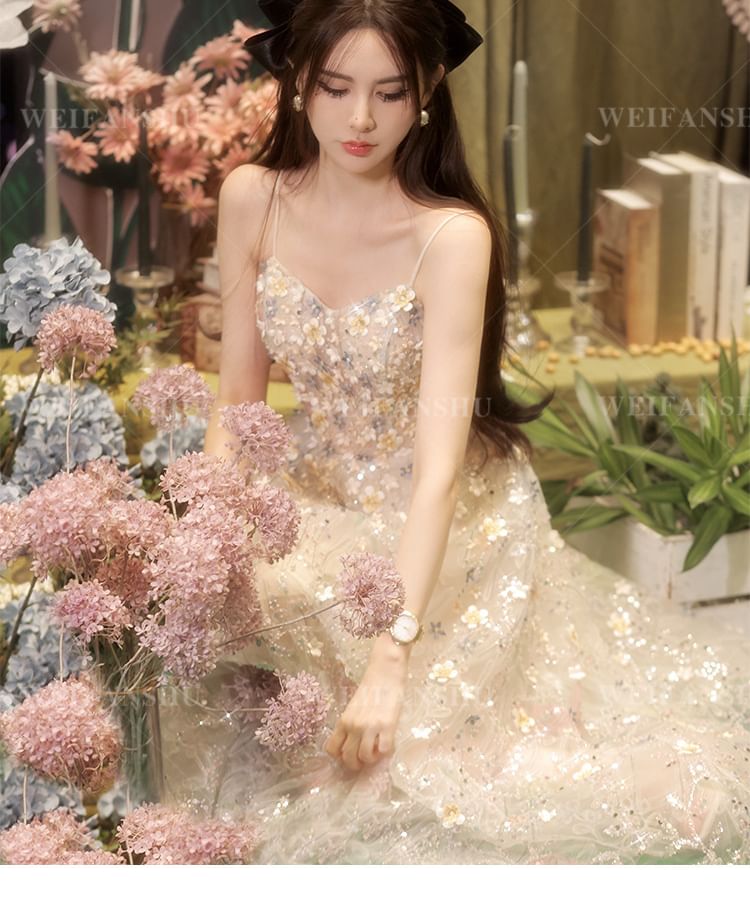 Floral Embroidered Sequin A-Line Evening Gown (Various Designs)