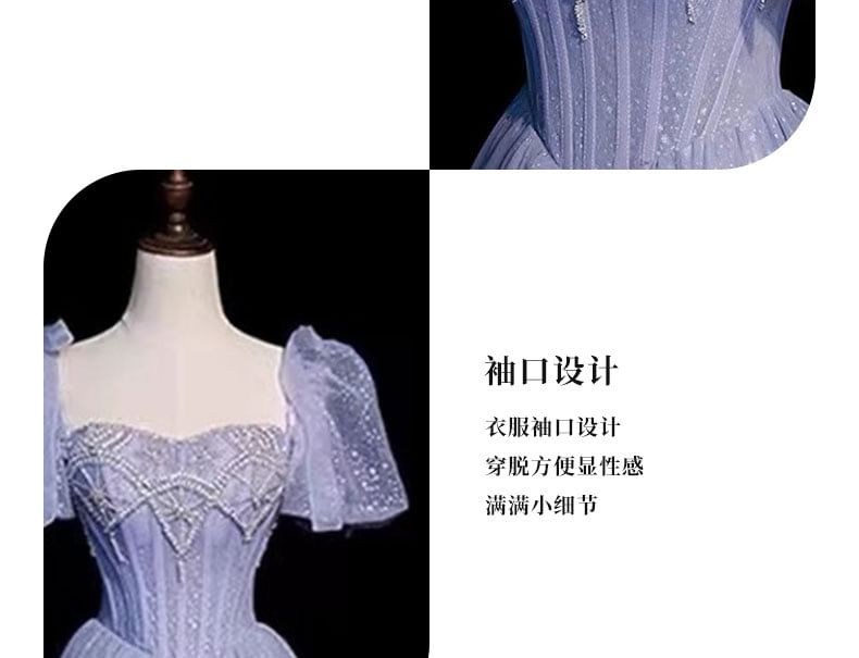 Puff Sleeve Square Neck Embroidered A-Line Evening Gown