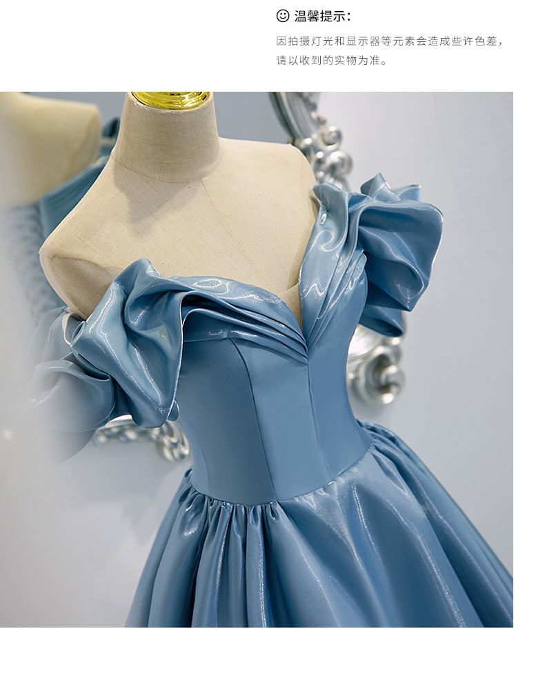 Evening Shoulder Pleated V-Neck Off Gown A-Line Plain