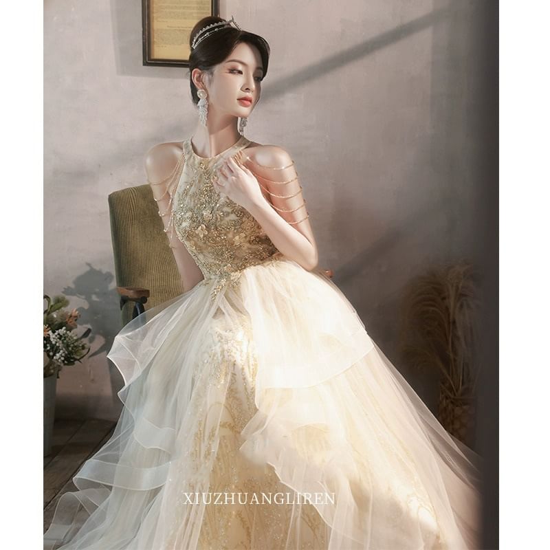 Sleeveless Glitter Embroidered A-Line Evening Gown