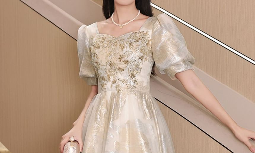 Short-Sleeve Evening Gown Sequin A-Line