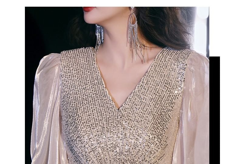 Long-Sleeve V-Neck Sequin A-Line Evening Gown