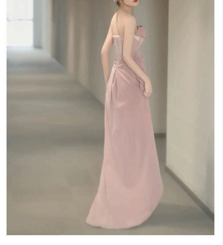 Strapless Flower Accent Slit Corset Sheath Evening Gown
