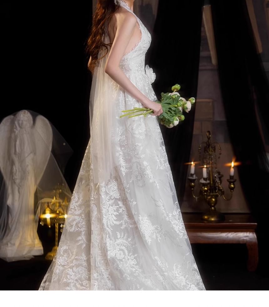 Halter Open Back Lace A-Line Wedding Gown