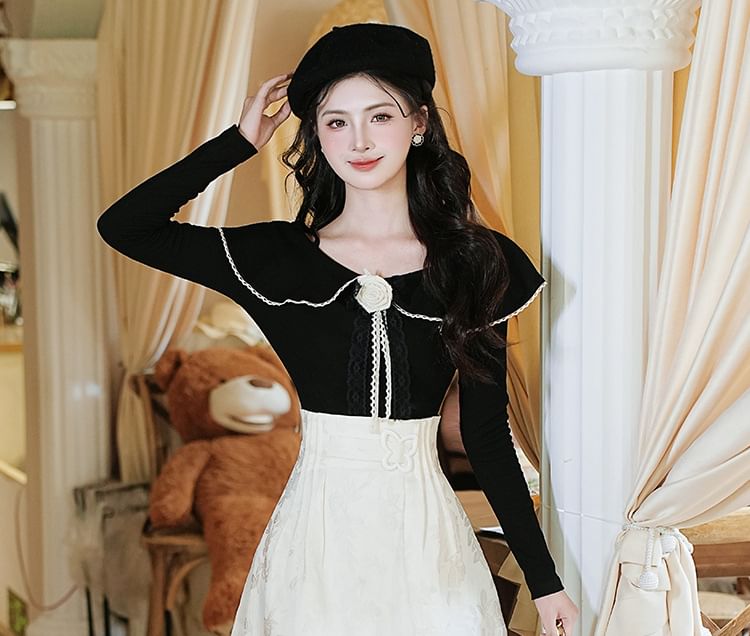 Set: Long-Sleeve Collared Top + High Rise Midi A-Line Skirt