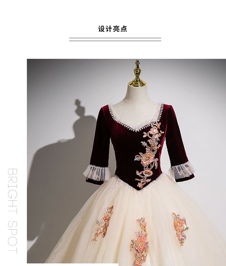 Panel Applique Floral Gown A-Line V-Neck Mesh Beaded Evening Velvet 3/4-Sleeve