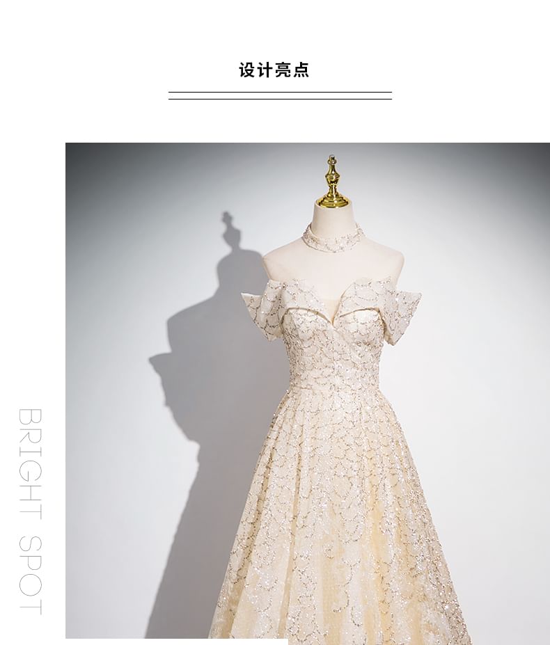 Gown Sleeveless Off A-Line Evening Patterned Shoulder