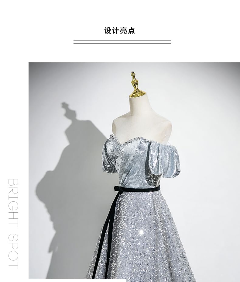 A-Line Neck Sweetheart Sequin Evening Puff Bow Sleeve Gown