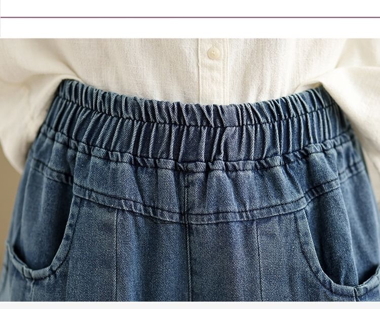 Elastic Waist Washed Pleated Denim Culottes