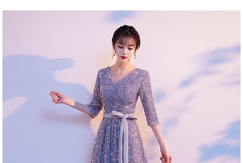 Elbow-Sleeve V-Neck Sequin A-Line Evening Gown
