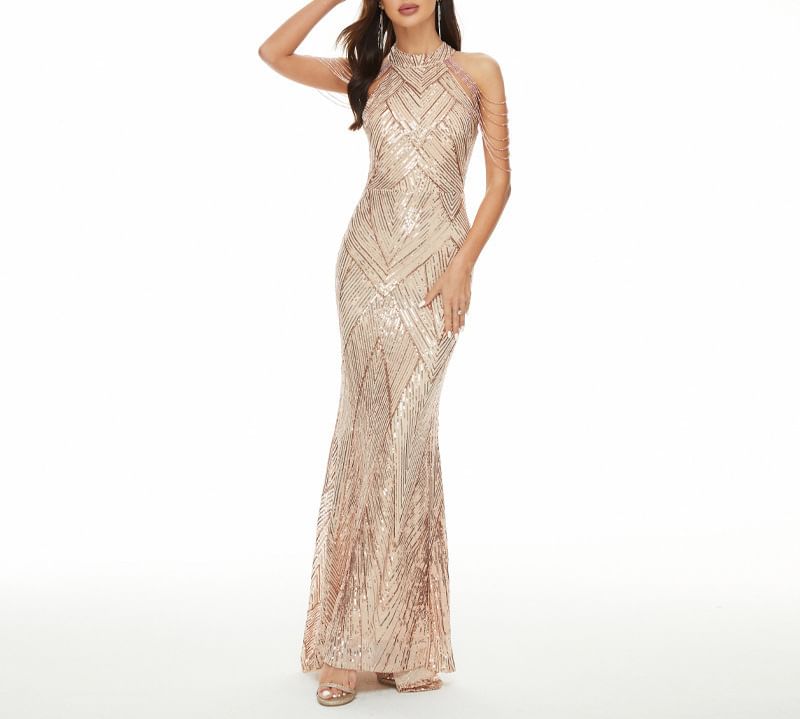 Halter Sequin Beaded Strappy Mermaid Evening Gown