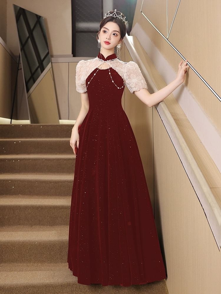 Puff-Sleeve Mock Neck Two Tone Flower Embroidered Glitter A-Line Evening Gown