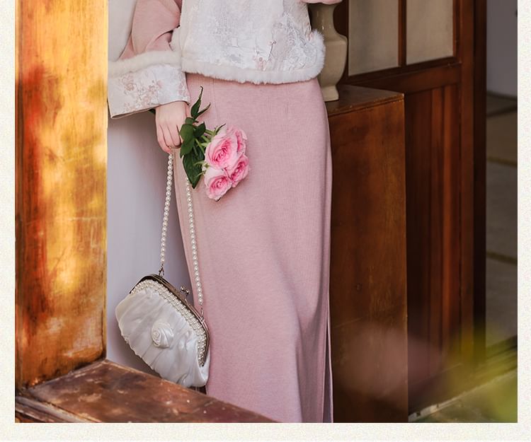 Set: Long-Sleeve Floral Panel Fluffy Trim Slit Midi Qipao + Frog Button Vest