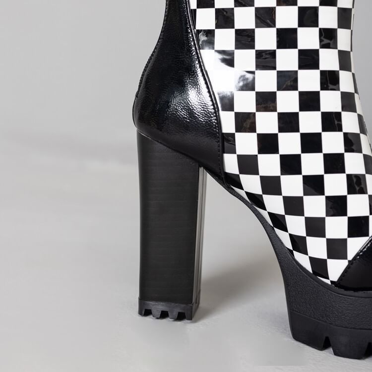 Block Heel Checkerboard Short Boots