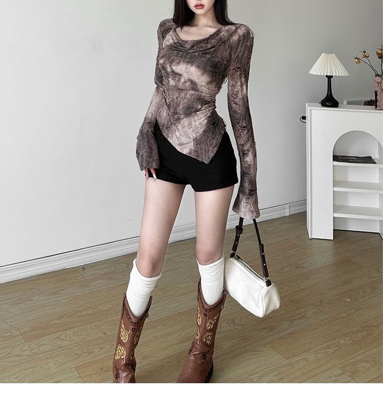 Long Sleeve V-Neck Distressed Hem Tee