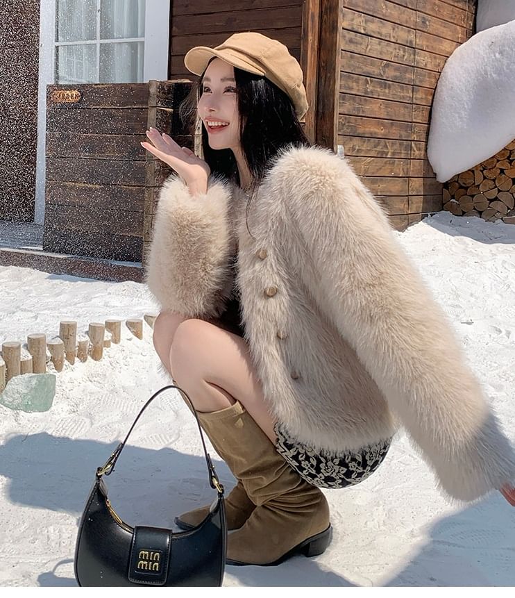 Crew Neck Plain Fluffy Double-Breasted Jacket