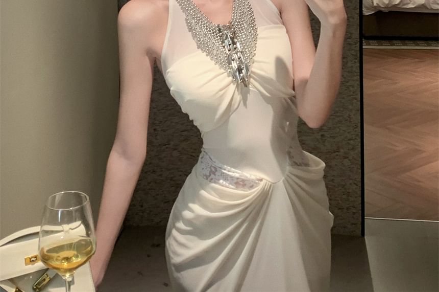 Halter V-Neck Lace Panel Beaded Ruched Mermaid Evening Gown