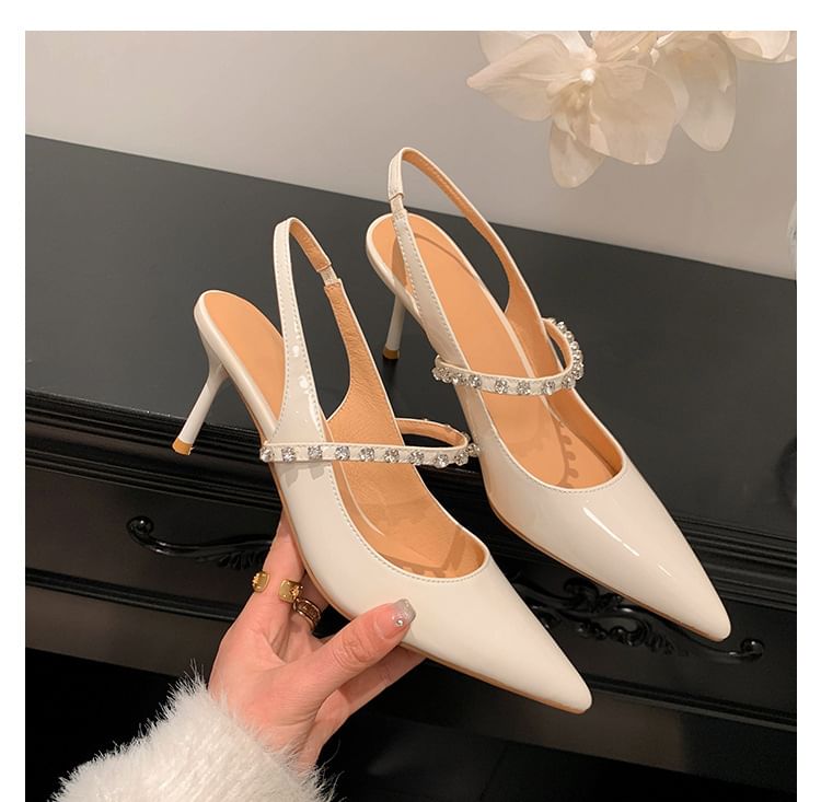 Stiletto Pointed Toe Rhinestone Accent Patent Leather Slingback Sandals