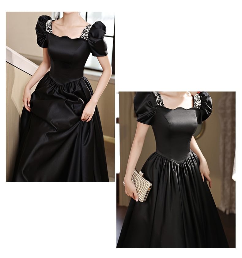 Short-Sleeve Faux Pearl A-Line Evening Gown