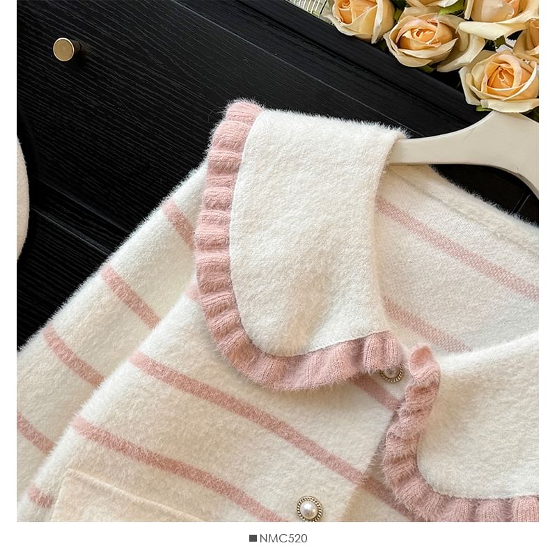 Peter Pan Collar Striped Cardigan with Pocket