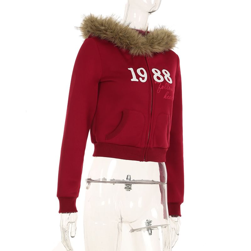 Furry Trim Numbering Zip-Up Jacket