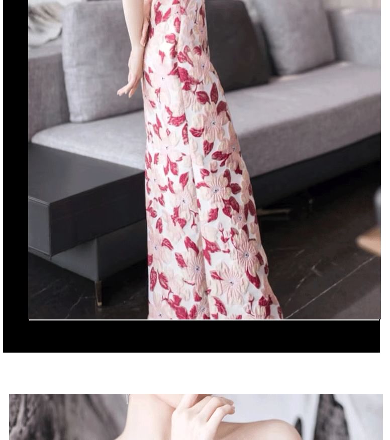Off-Shoulder Floral Sheath Evening Gown