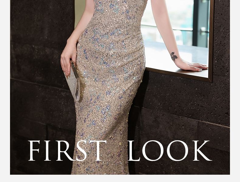 Sequin Gown Sheath Neck Halter Sleeveless Evening