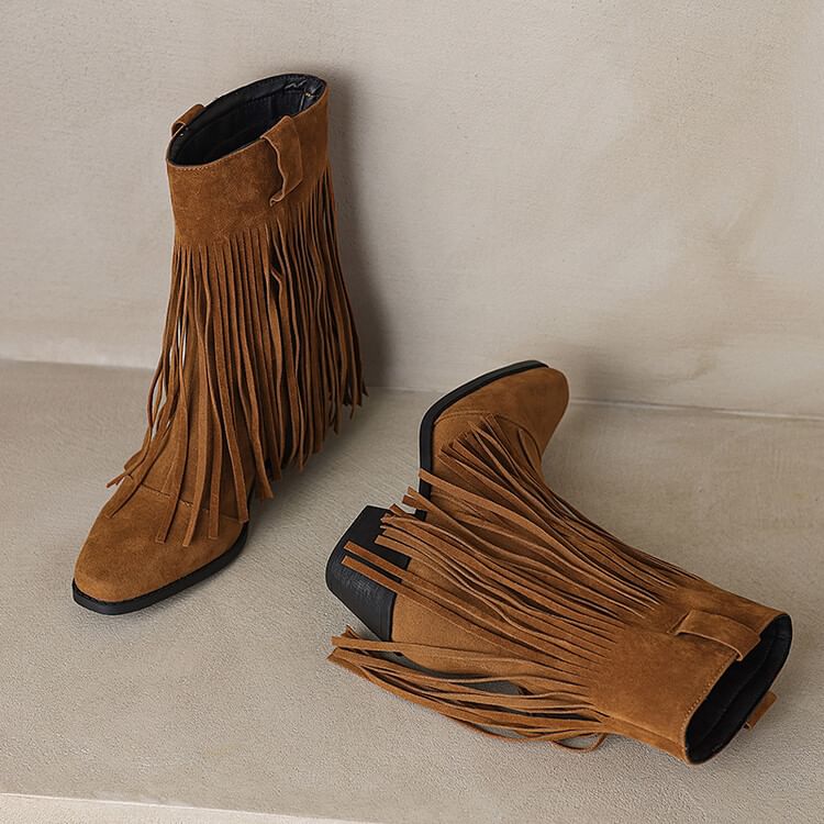 Square Toe Fringe Faux Suede Block Heel Mid Calf Boots
