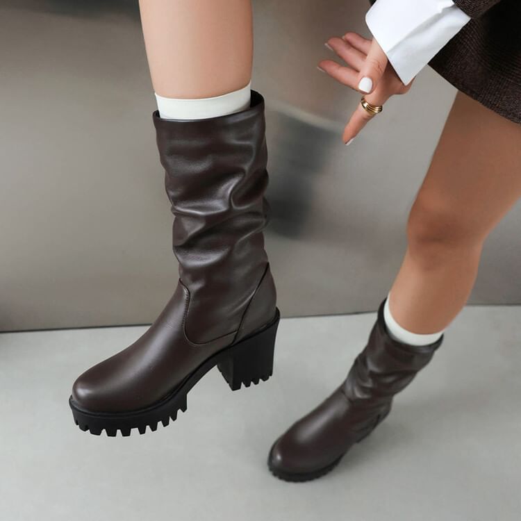 Platform Block Heel Mid Calf Boots