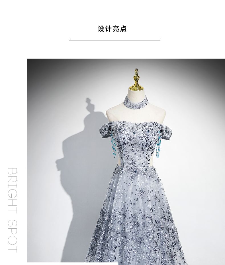 Sleeveless Off-Shoulder Floral Sequin Cutout A-Line Evening Gown