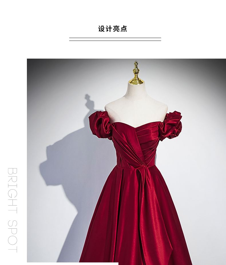 Puff-Sleeve Plain A-Line Evening Gown