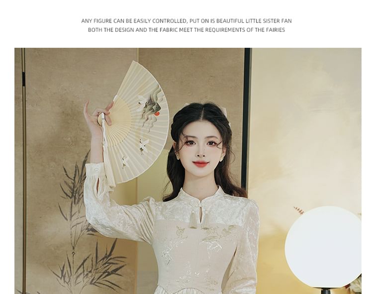 Puff-Sleeve Floral Jacquard Paneled Midi A-Line Dress / Jacket