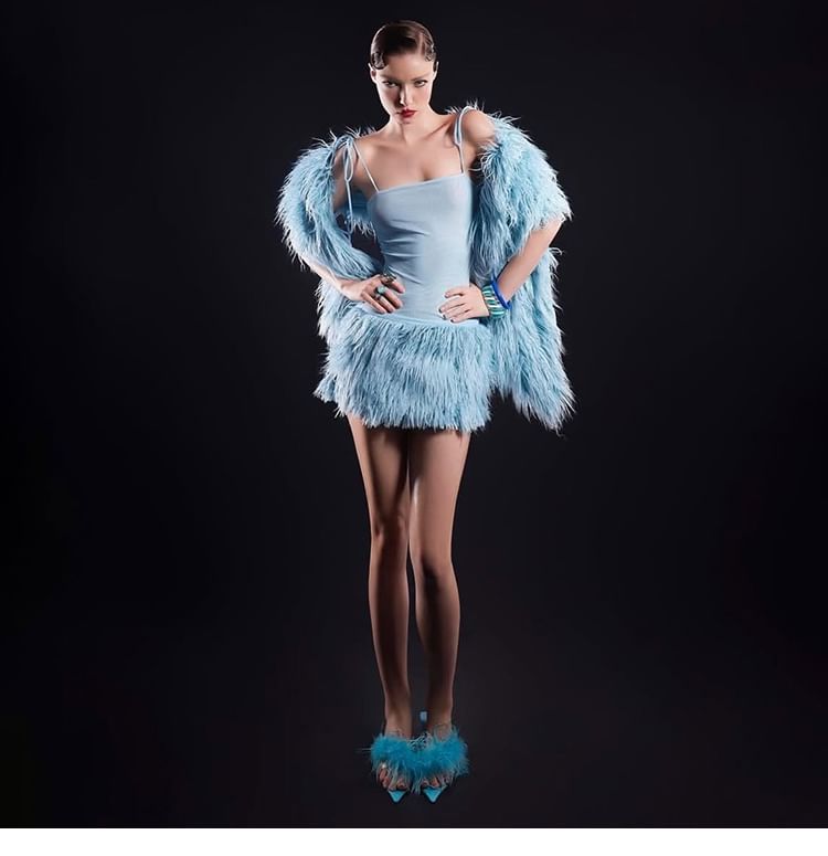 Faux Fur Shrug / Spaghetti Strap Mini Bodycon Dress