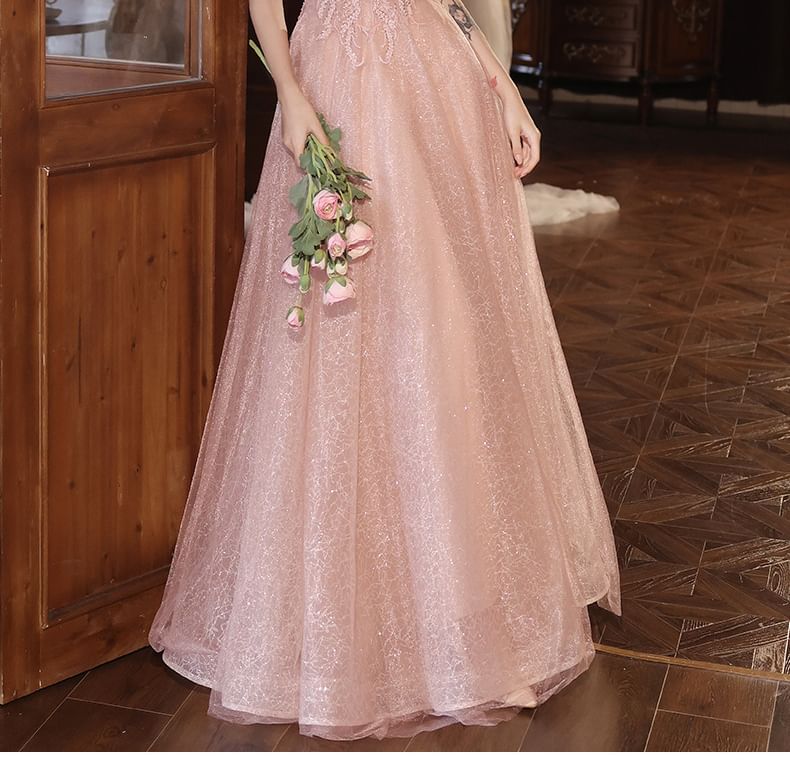 Sleeveless Off-Shoulder Sequin A-Line Evening Gown