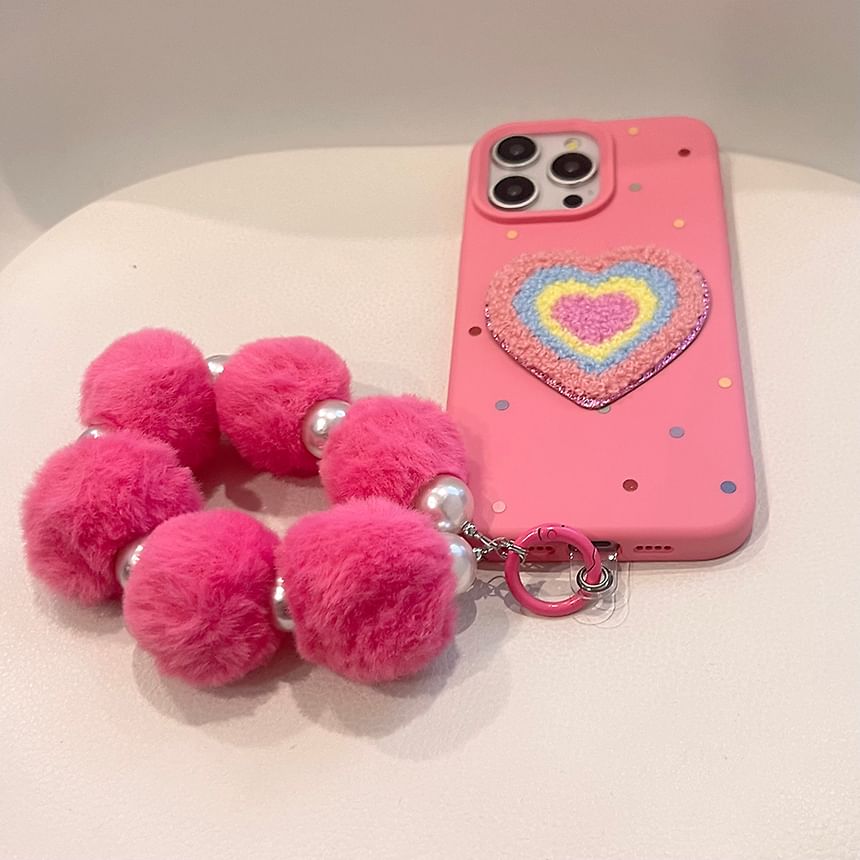 Heart Embroidered Phone Case / Pom Pom Strap / Set