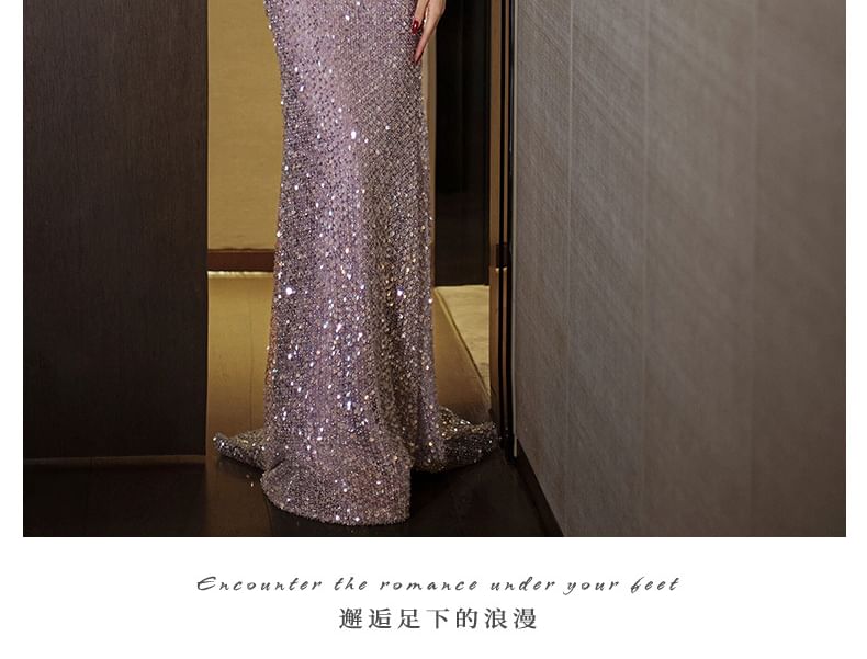 Cold-Shoulder Sequin Ruffle Trumpet Evening Gown