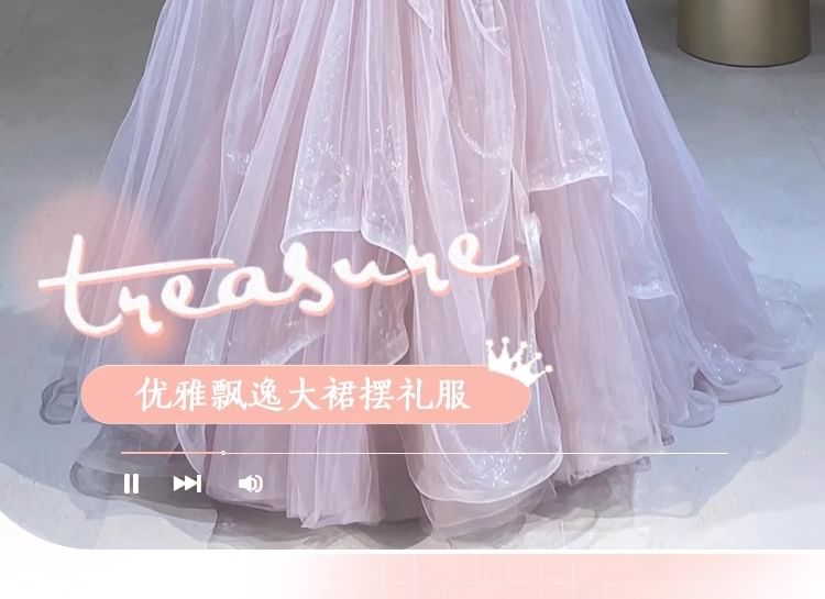 Puff-Sleeve Glitter Asymmetrical A-Line Evening Gown