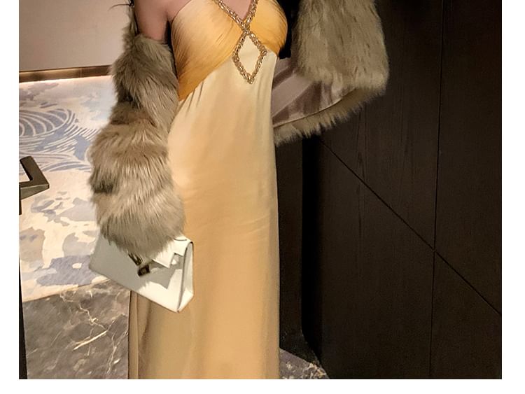Halter-Neck Rhinestone Trim Two-Tone Satin A-Line Evening Gown