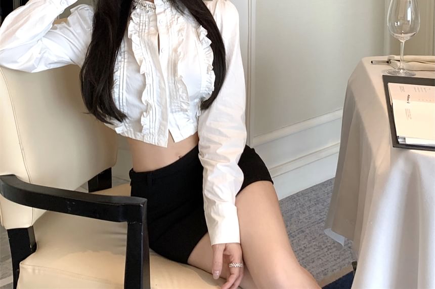 Long-Sleeve Plain Ruffle Crop Shirt