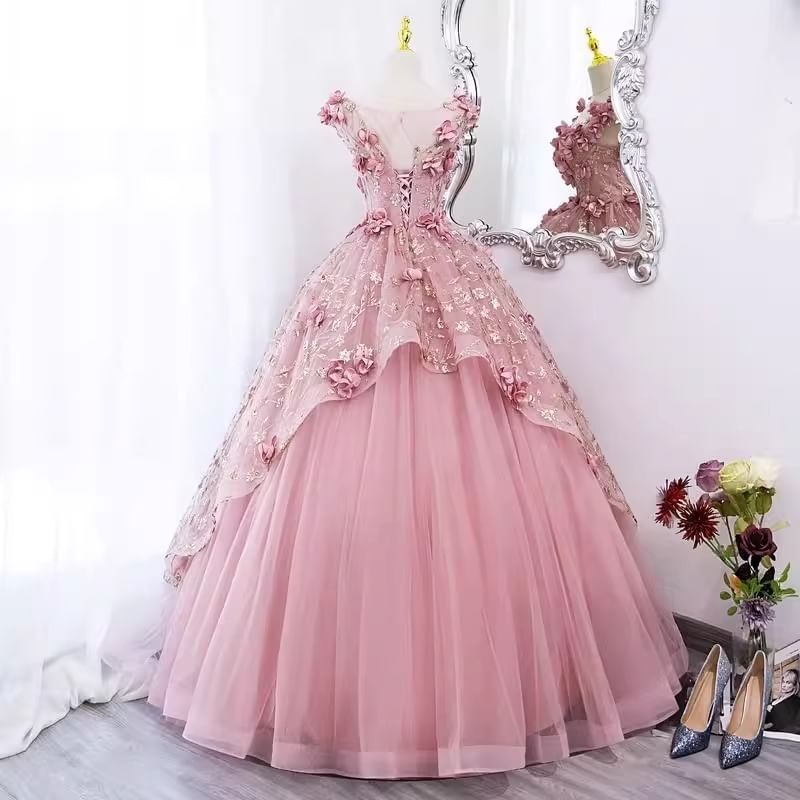 Sleeveless Round Neck Floral Applique Panel Mesh A-Line Evening Gown