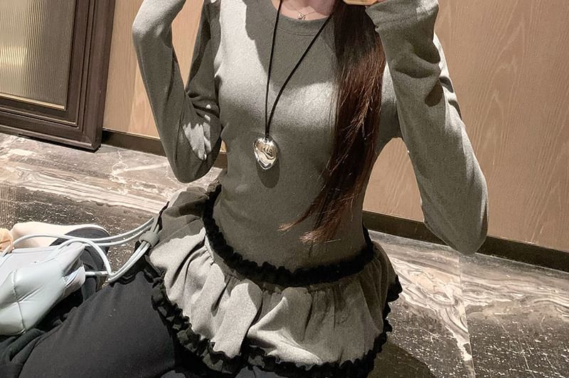 Long-Sleeve Crewneck Ruffle Plain Top