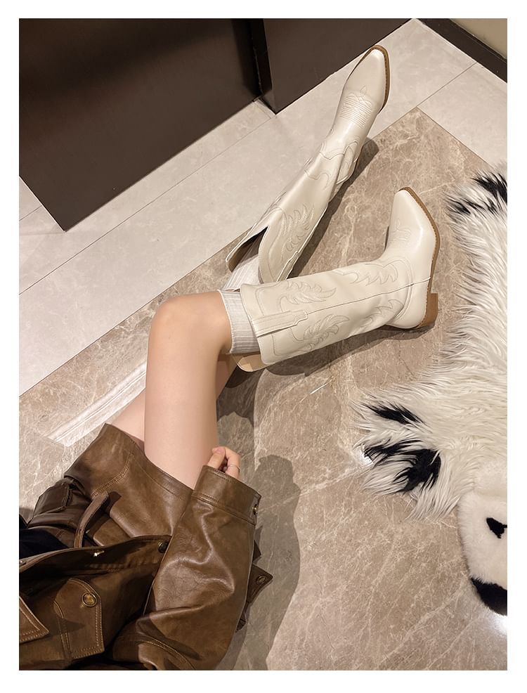 Faux Leather Chunky Heel Cowboy Boots