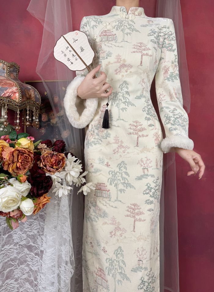 Long-Sleeve Tree Print Fluffy Trim Maxi Qipao