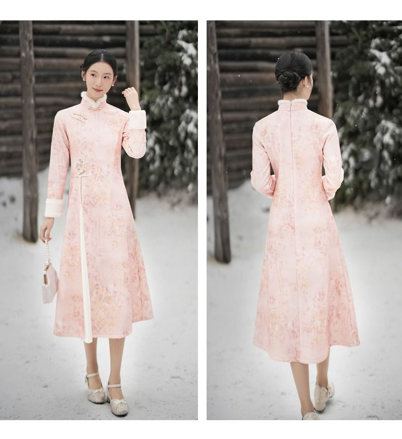 Long-Sleeve Floral Fluffy Trim Midi A-Line Qipao