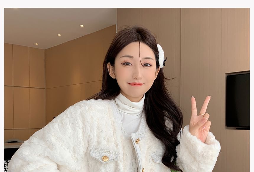 Round Neck Plain Button Up Fluffy Jacket