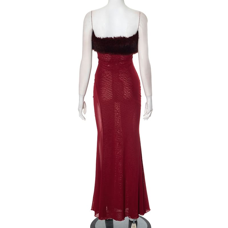 Strapless Faux Fur Floor-Length Mermaid Gown