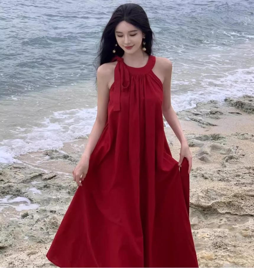 Sleeveless Crew Neck Solid Floor-Length Flared Gown
